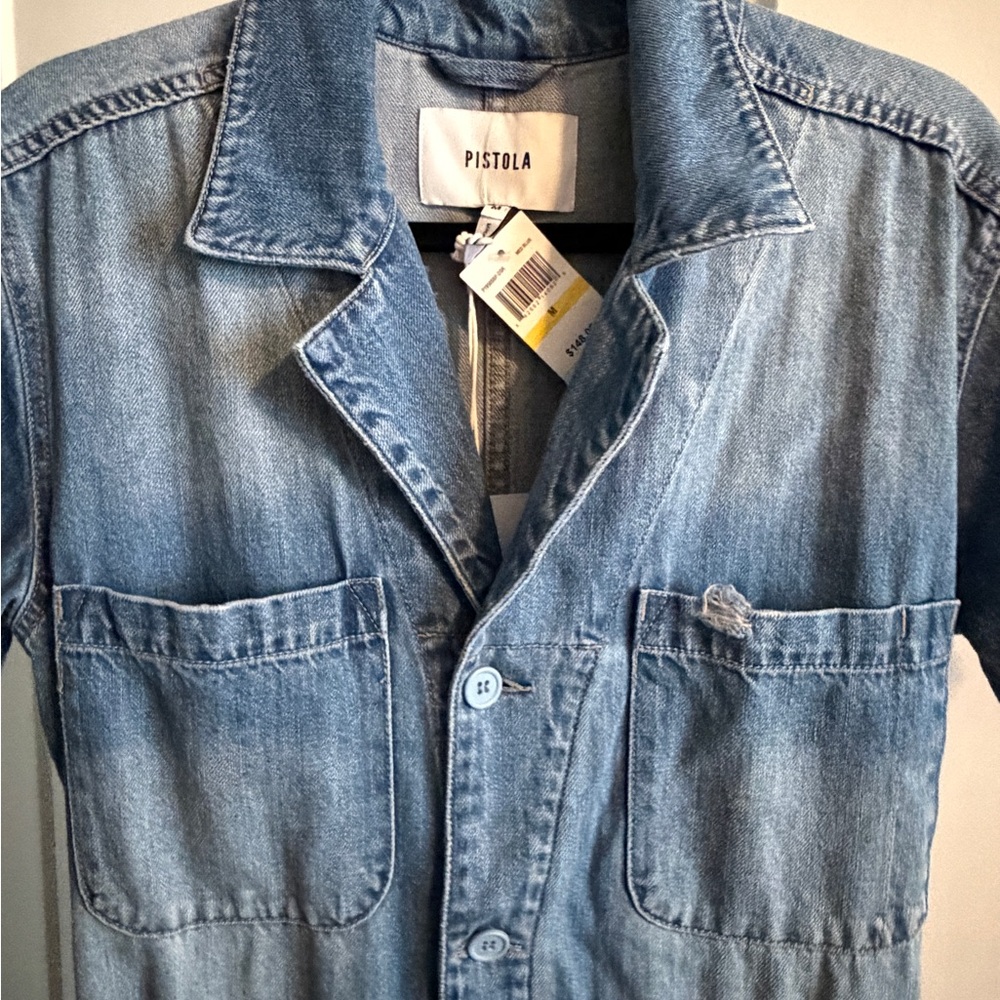 pistola Light Blue Denim Short Sleeve Straight Leg Jumpsuit - Picture 6 of 8